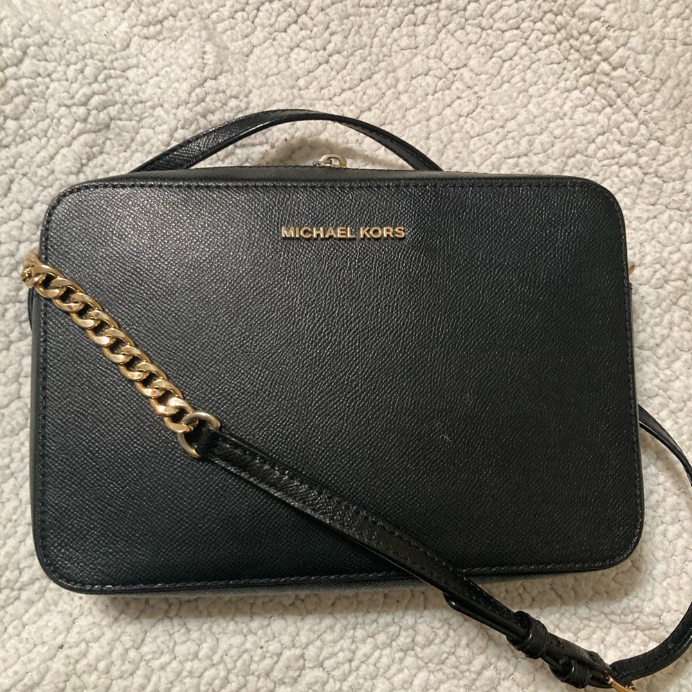 Michael Kors Black Crossbody Bag with Gold Hardware and Structured Leather